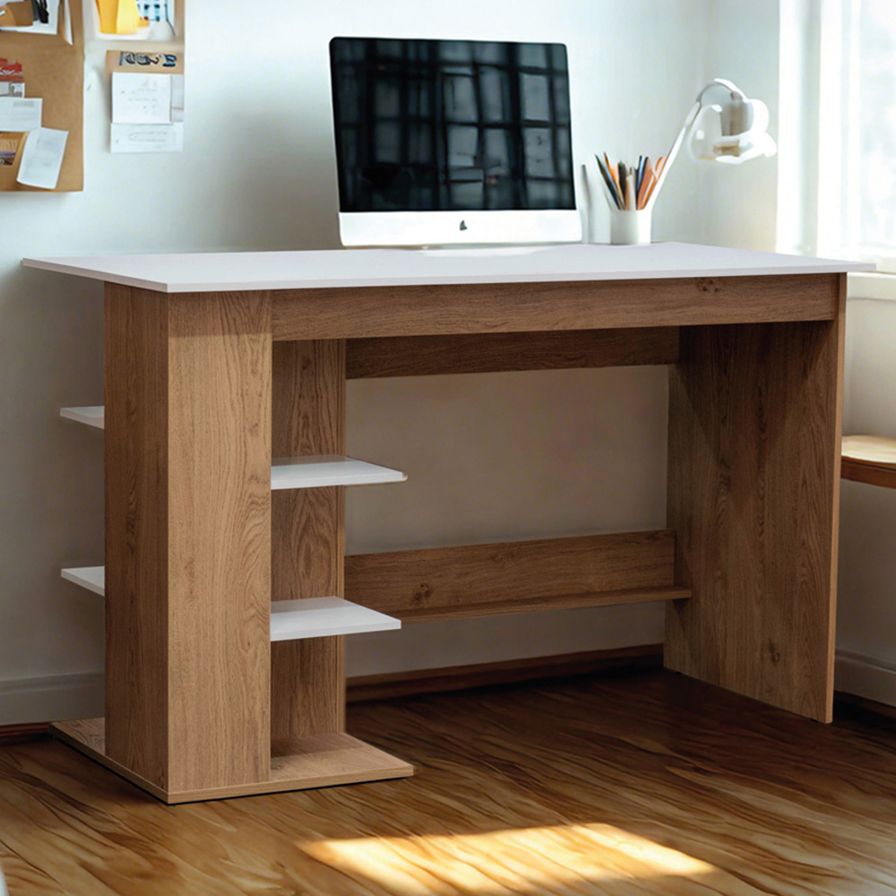 TTAP Milan Oak Effect and White Top 3 Shelf Office Computer Desk Image 1