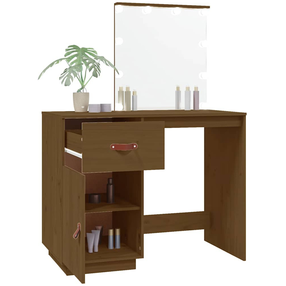 vidaXL Single Door Single Drawer Honey Brown Solid Wood Pine Dressing Table with LED Mirror Image 5