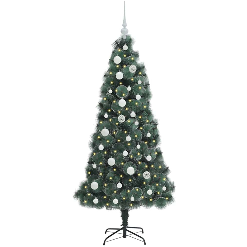 vidaXL Pre-Lit White Baubles Green Artificial Christmas Tree 5ft Image 1