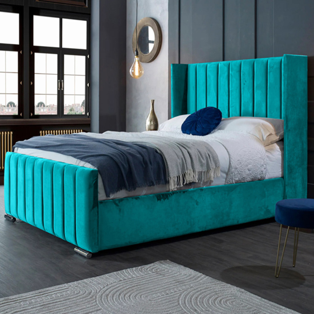 Eleganza Home Meriso Double Teal Plush Velvet Bed Frame with Winged Headboard Image 1