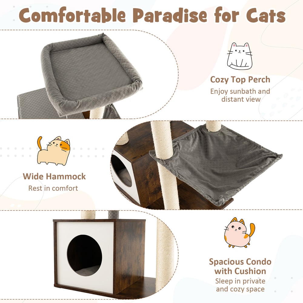Costway Grey Wooden Cat Tree with Hammock Image 8