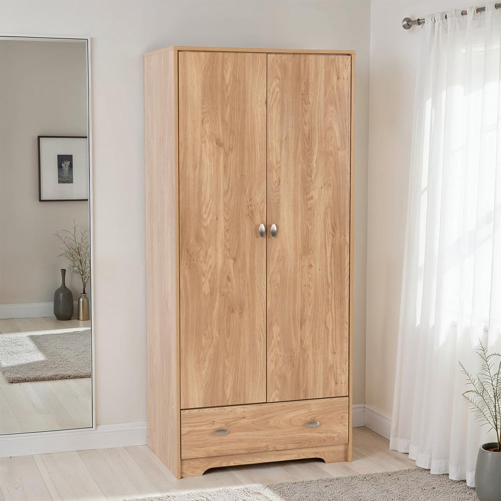 Seconique Carlton 2 Door Single Drawer Medium Oak Effect Wardrobe Image 7
