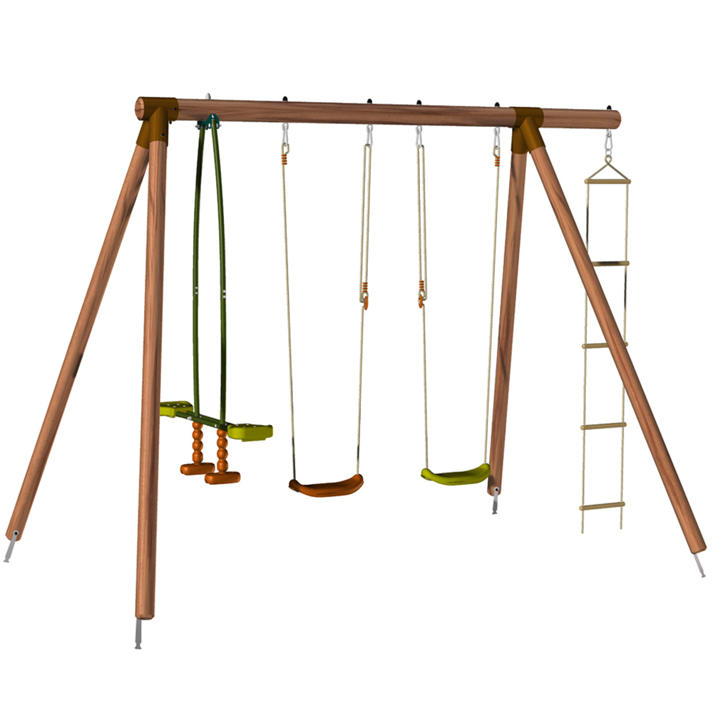 Soulet Gabin Kids Wooden Triple Swing Set with Rope Ladder Image 4