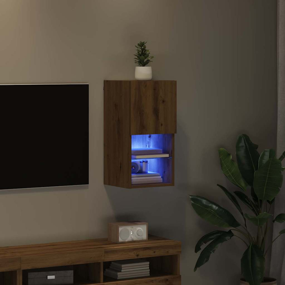 vidaXL Single Door 2 Shelf Artisan Oak Wall Mounted LED TV Unit Image 9