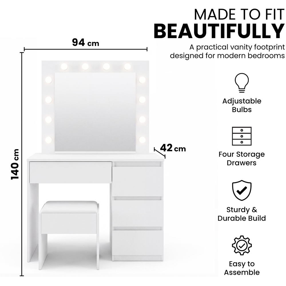 Portland 4 Drawer White Dressing Table Set with LED Mirror Image 8