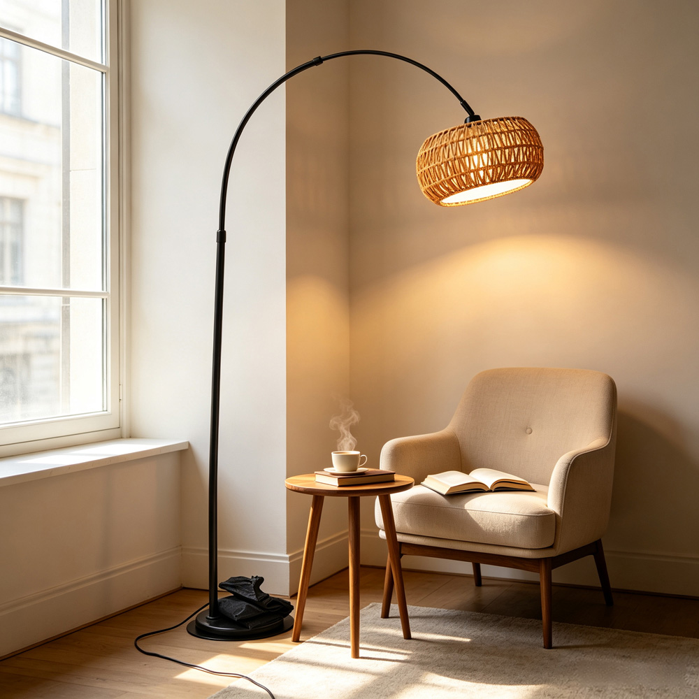 Living and Home Black Rattan Arc Floor Lamp with Remote Control Image 7