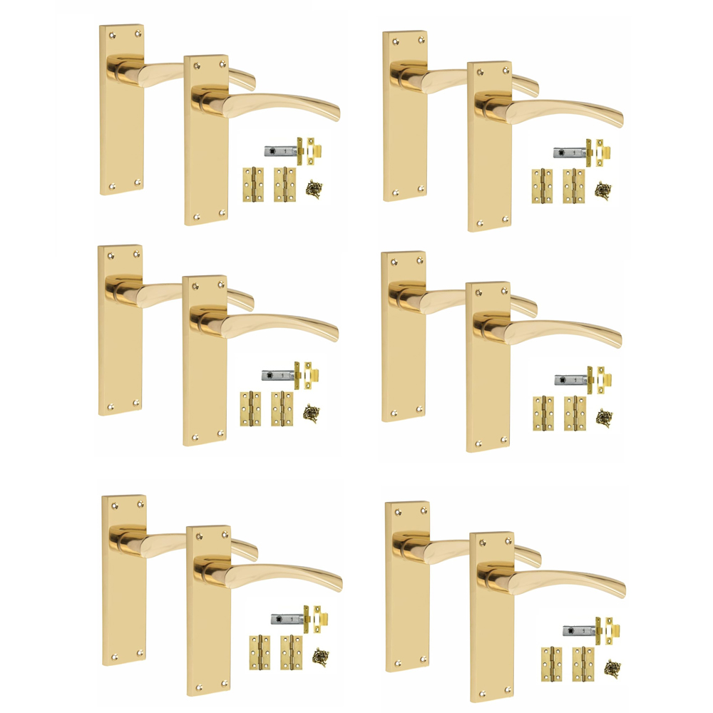 Golden Grace Polished Brass Victorian Scroll Astrid Latch Door Handle with Hinge 6 Pack 150 x 40mm Image 1
