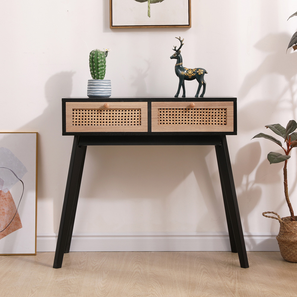 FurnitureHMD 2 Drawer Black Rattan Weaving Console Table Image 5