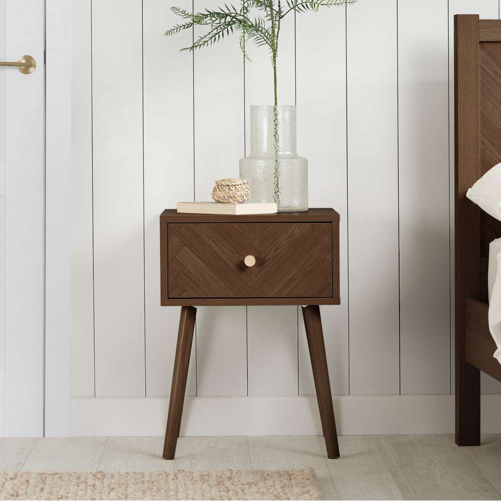 Herringford Single Drawer Walnut Chevron Bedside Table Image 7