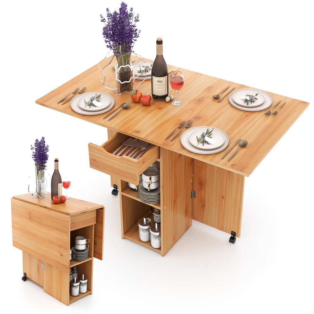 Costway 4 Seater Foldable Dining Table with Wheels Natural Image 3