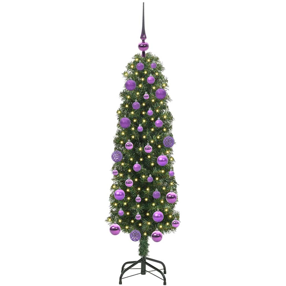 vidaXL Green Artificial Christmas Tree with Pinecones LEDs Lilac Decoration Ornaments 4ft Image 1