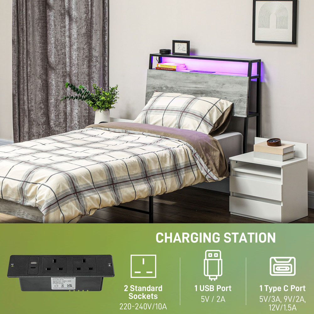 Portland Single Cement Grey Bed Frame with Charging Station and Lights Image 5