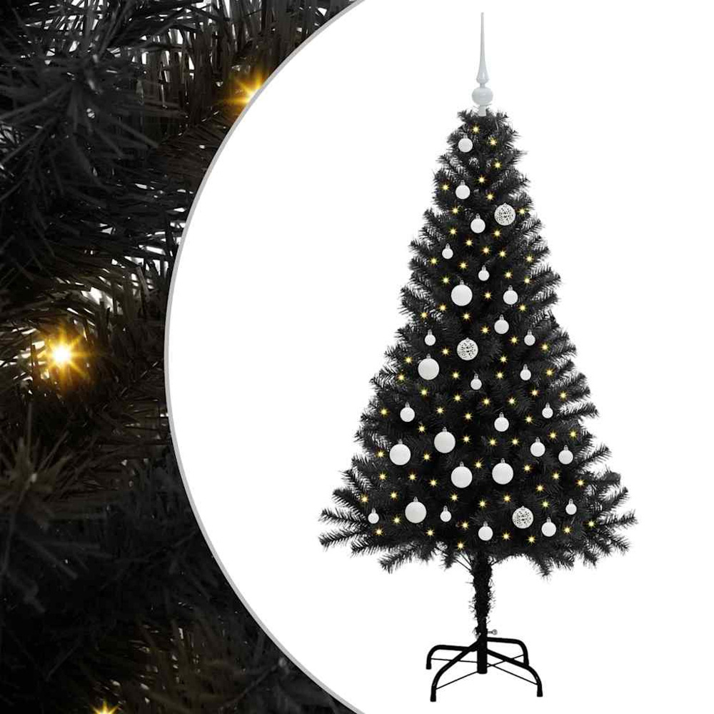 vidaXL Pre-Lit White Baubles Black Artificial Christmas Tree 5ft Image 2