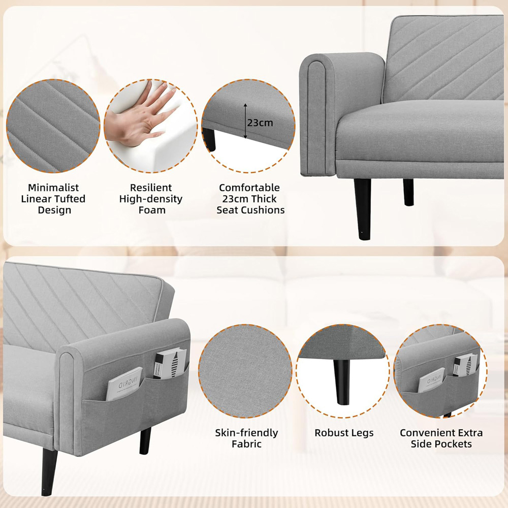 Alivio 2-in-1 Single Grey Adjustable Convertible Sofa Bed with Side Pockets Image 8
