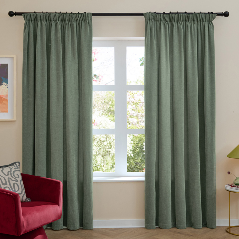 Furn Soft Chenille Green Blackout Pencil Pleat Curtains 168 x 183cm Image 1