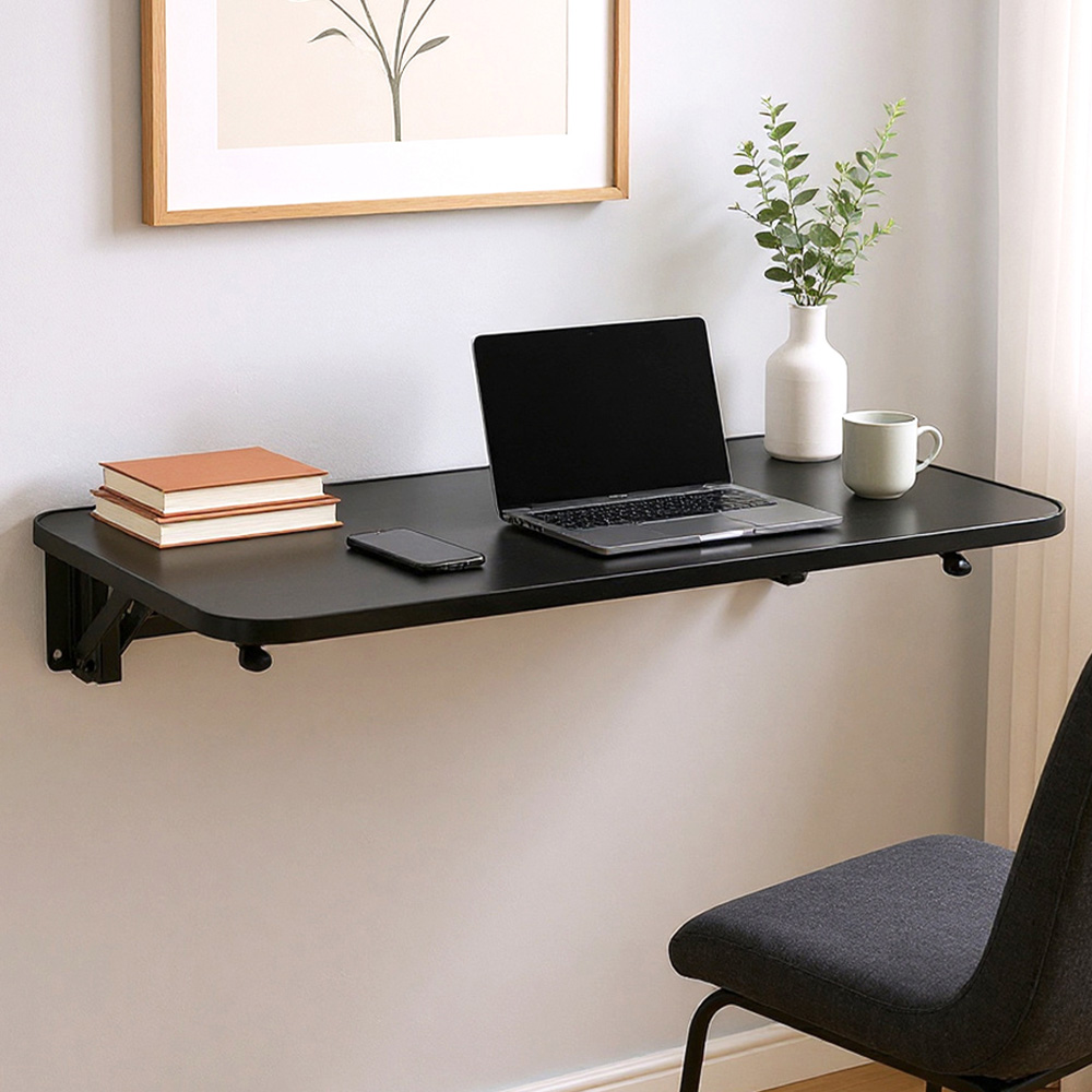 Living and Home Black Wall Mounted Folding Table with Iron Brackets 75 x 24cm Image 1