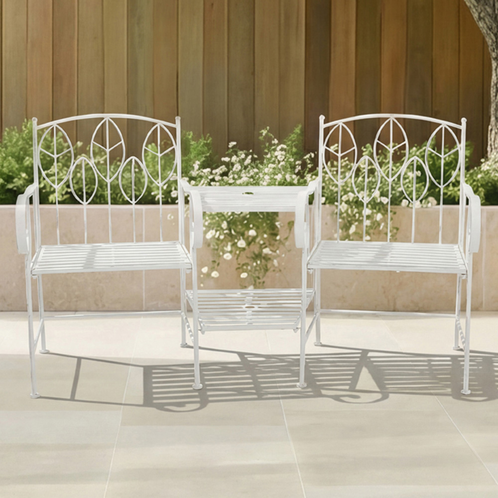 Charles Bentley 2 Seater Antique White Rustic Metal Leaf Pattern Garden Companion Seat Image 1
