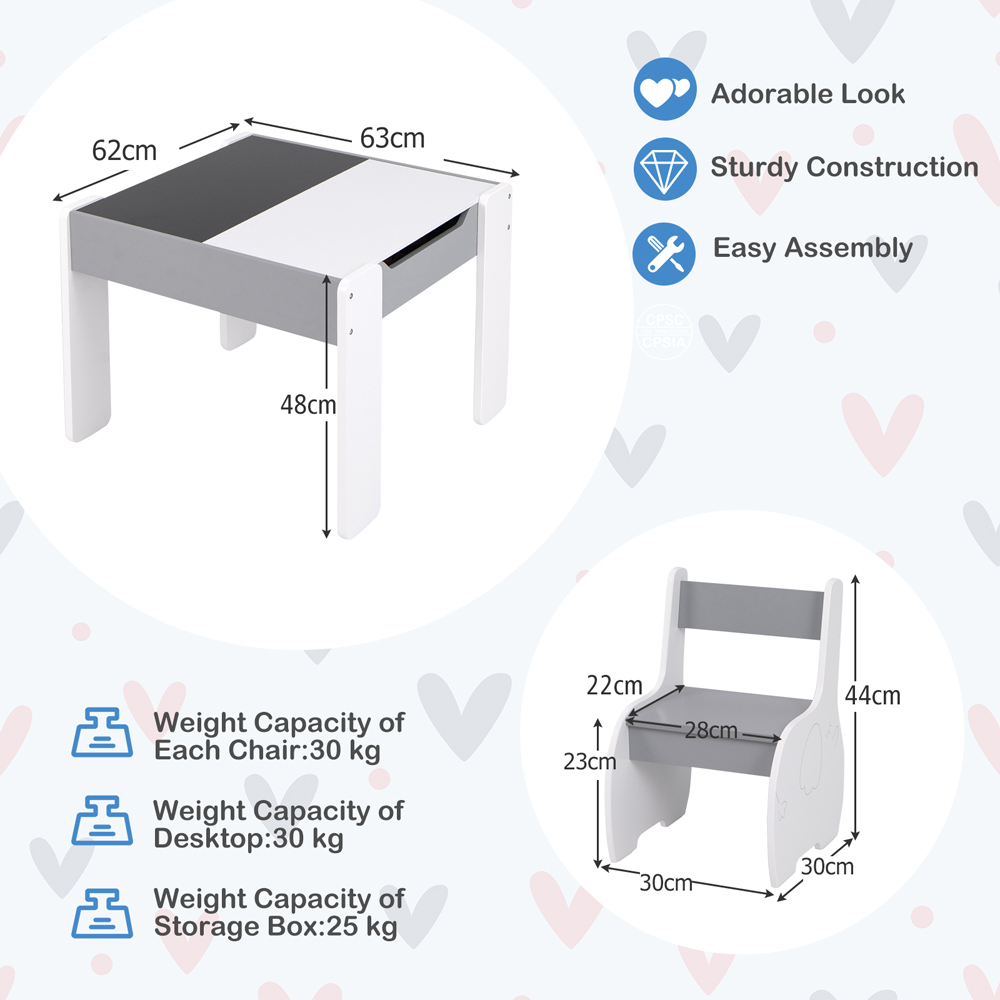 Costway Kids Grey and White Table and Chair Set with Hidden Storage Image 9
