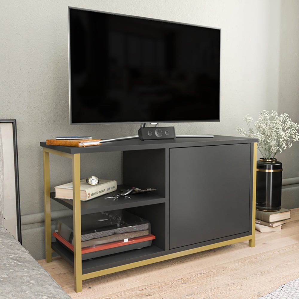 Decorotika Muskegon Single Door and 2 Open Shelf Gold and Anthracite TV Unit Image 6
