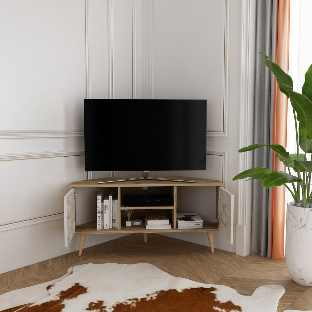 Decorotika Lesson 2 Door 2 Shelf Oud and White Marble Effect Corner TV Stand Image 3
