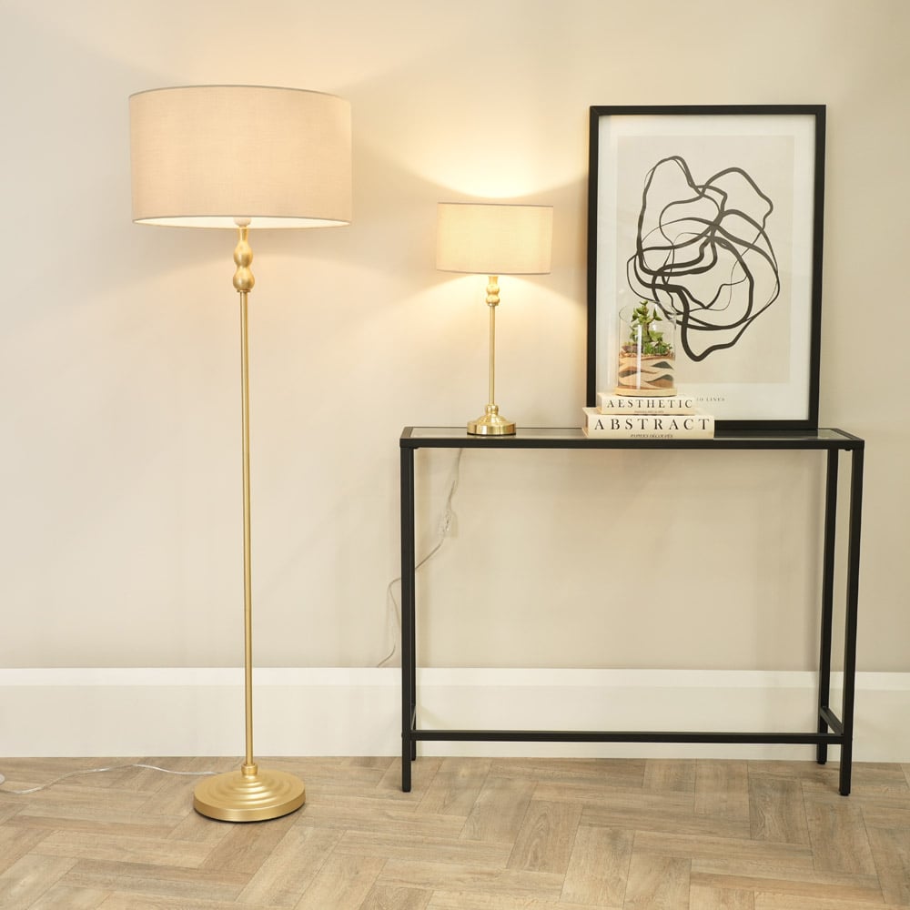 ValueLights Maggie Natural and Gold Drum Shade Candlestick LED Floor Lamp Image 4