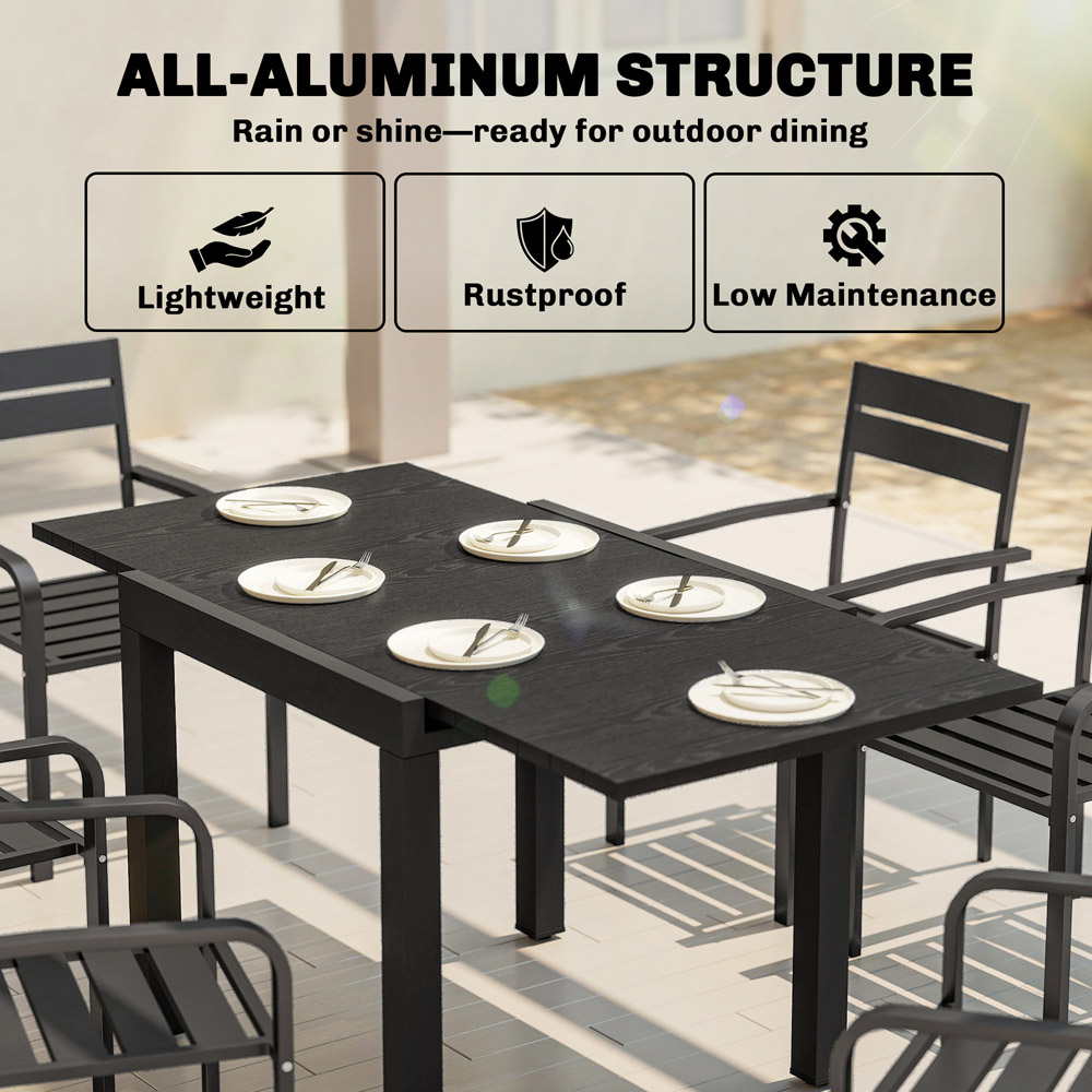 Outsunny 6 Seater 80-160cm Slatted Top Aluminium Extendable Garden Dining Table Black Image 6