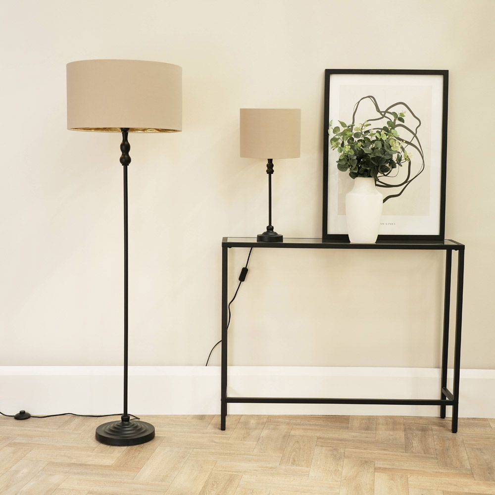 ValueLights Maggie Beige and Metallic Gold Shade Black Metal Candlestick Floor Lamp Image 5