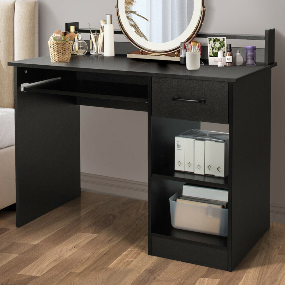 Costway Single Drawer 3 Shelf Computer Desk with Keyboard Tray Black Image 1