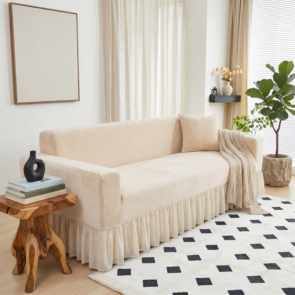 Living and Home 4 Seater Beige Vintage Plush Sofa Cover Image 6