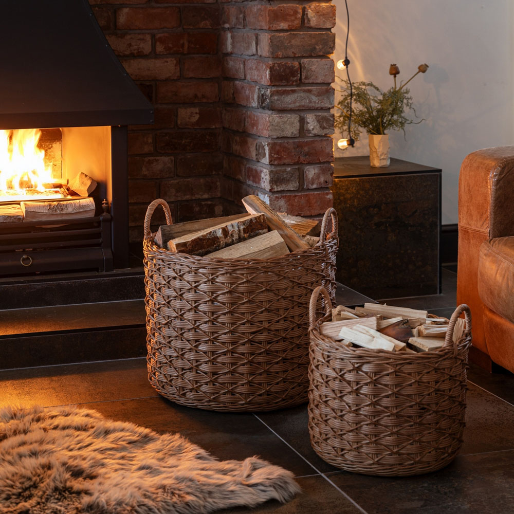 Ivyline Natural Woven Rattan Round Log Basket with Handles Set of 2 Image 4