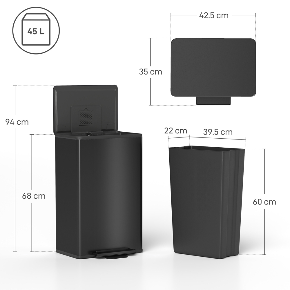 HOMCOM Black Pedal Bin with Removable Inner Bucket and Soft-Close Lid 45L Image 9