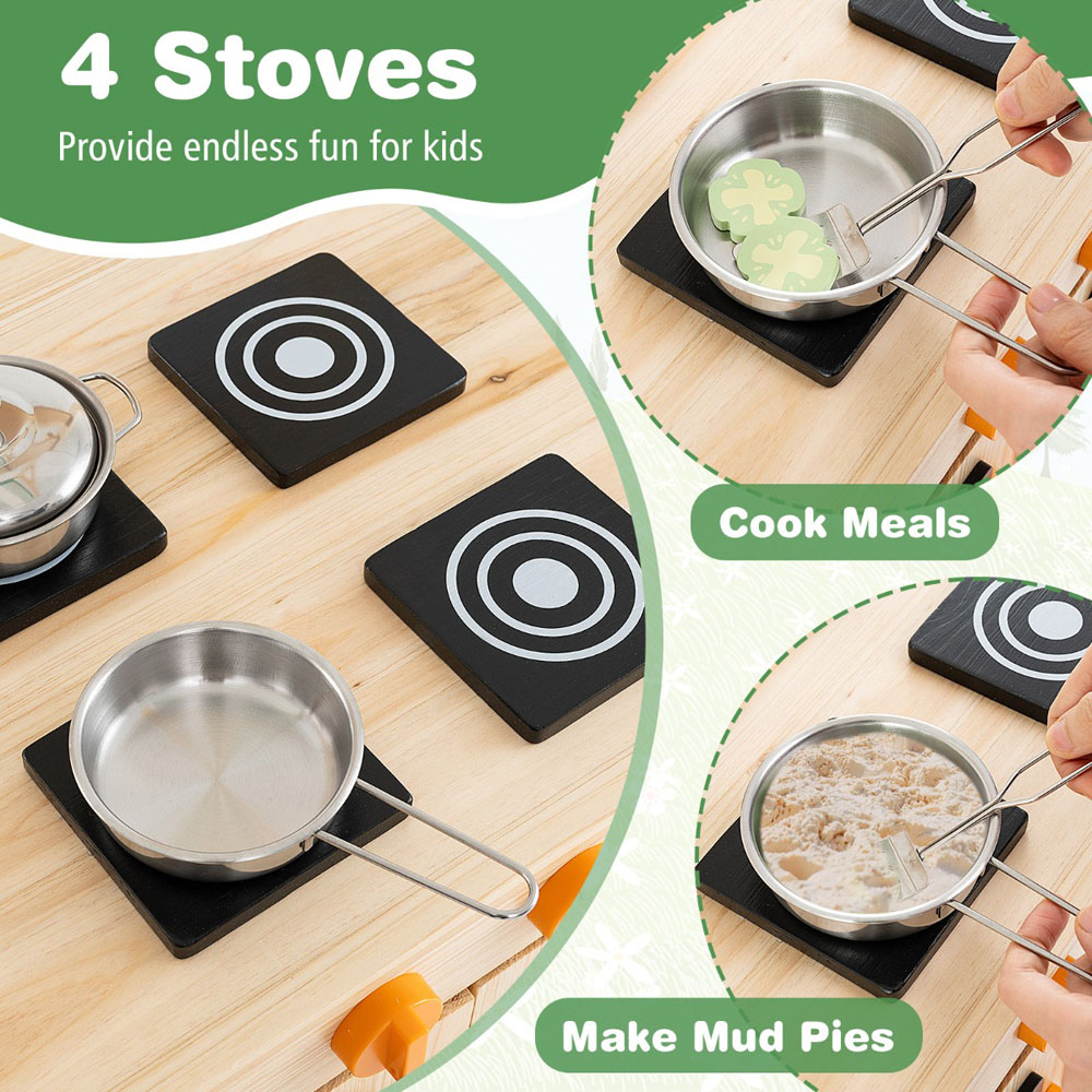 Costway Kids Natural Outdoor Wooden Kitchen Play Set with Canopy and 4 Stoves Image 5