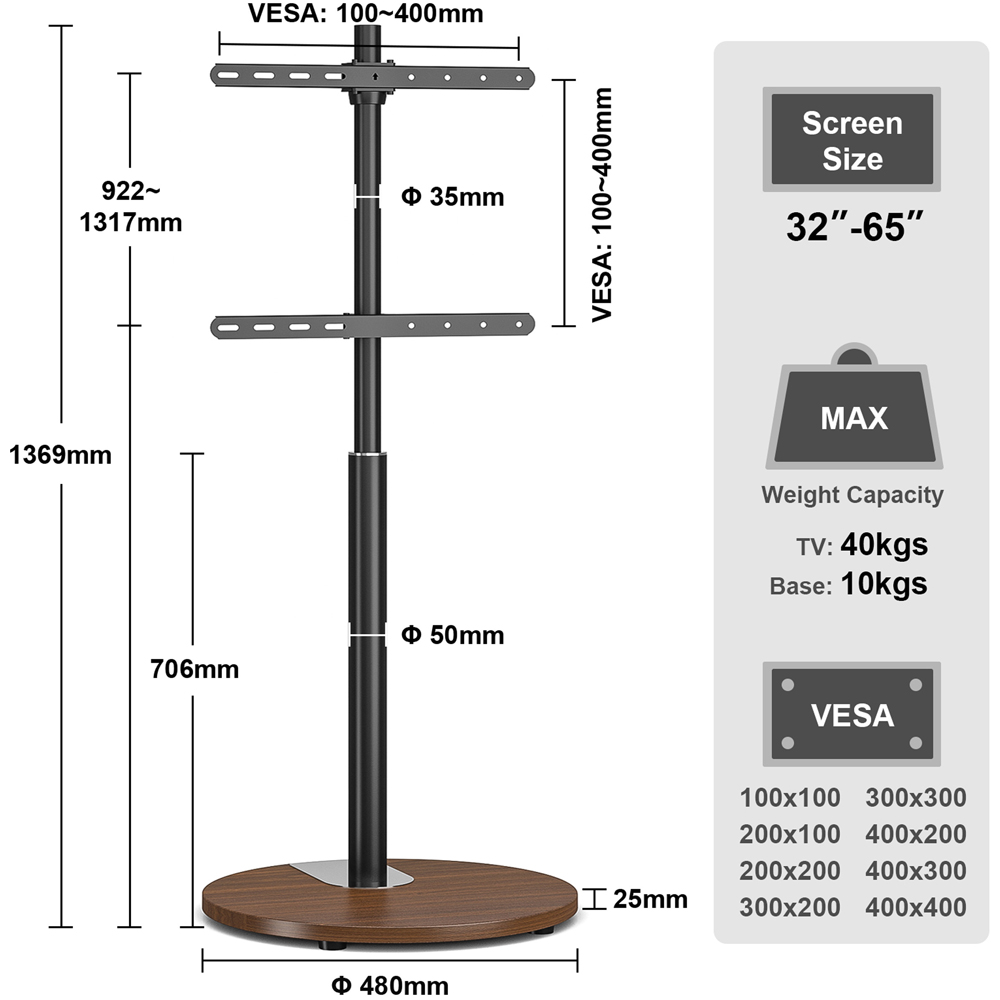 TTAP Black and Circular Walnut Base Floor Pedestal TV Stand Image 8