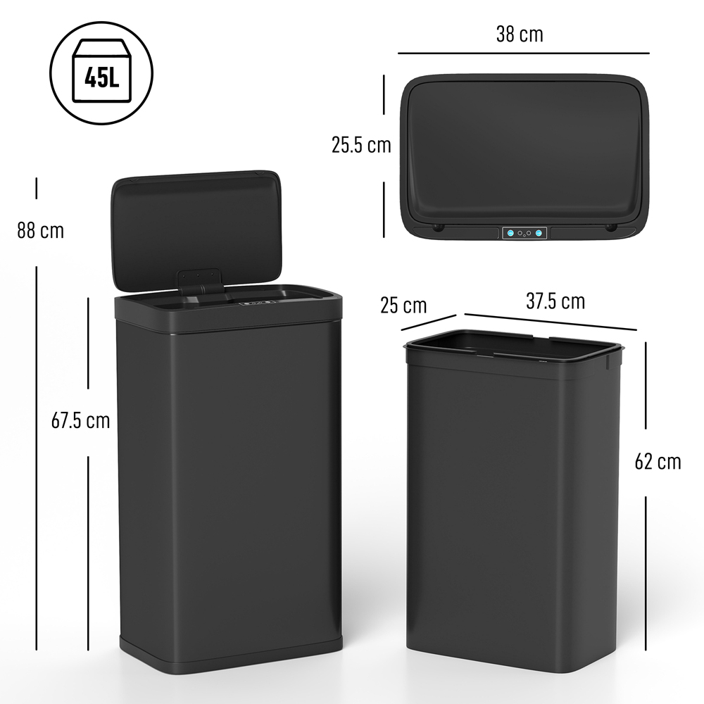 HOMCOM Black Automatic Sensor Bin with Soft-Close Lid 45L Image 9