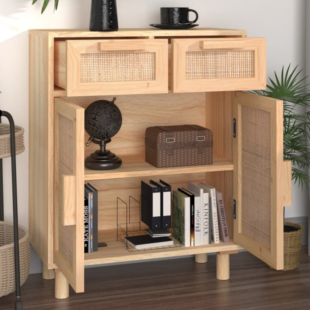 vidaXL 2 Door 2 Drawer Brown Solid Pine Wood and Natural Rattan Sideboard Image 1