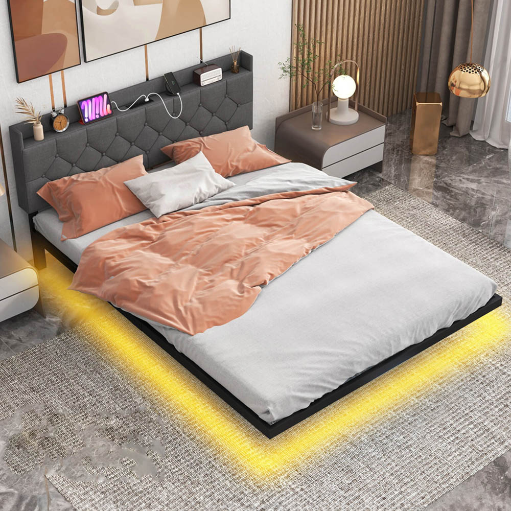 Costway King Size Grey Floating Bed Frame with Charging Station Image 1