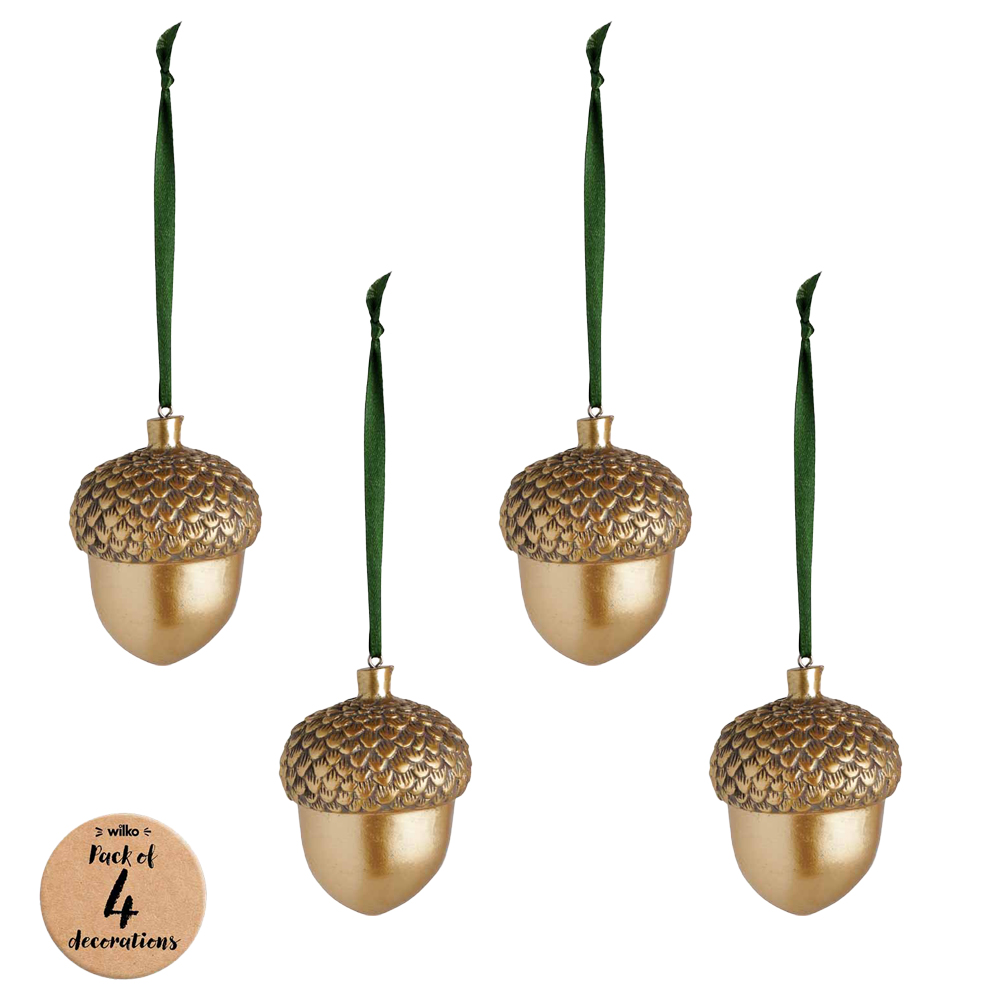 Wilko Cosy Antique Gold Acorn Bauble 4 Pack Image 1