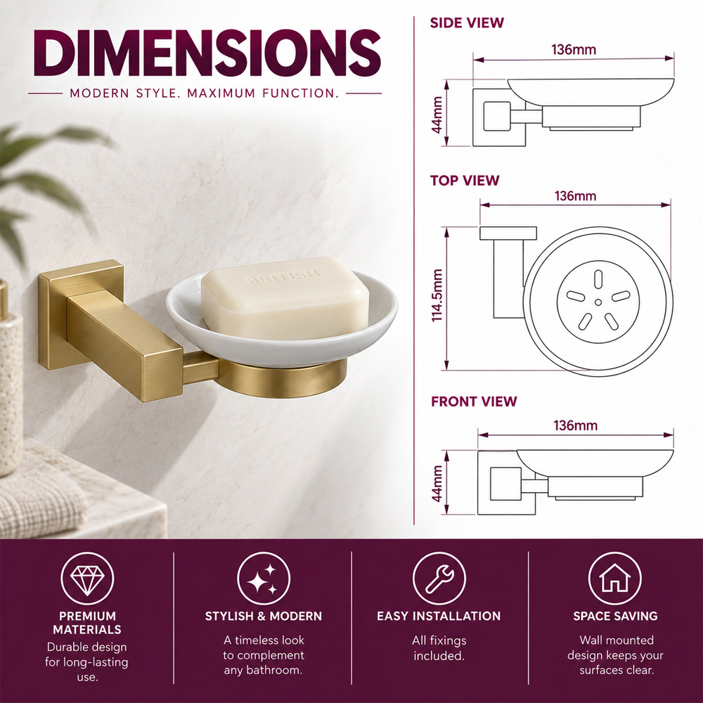 Go Bathrooms Froma Brushed Gold Ceramic Wall Mounted Soap Dish Image 6