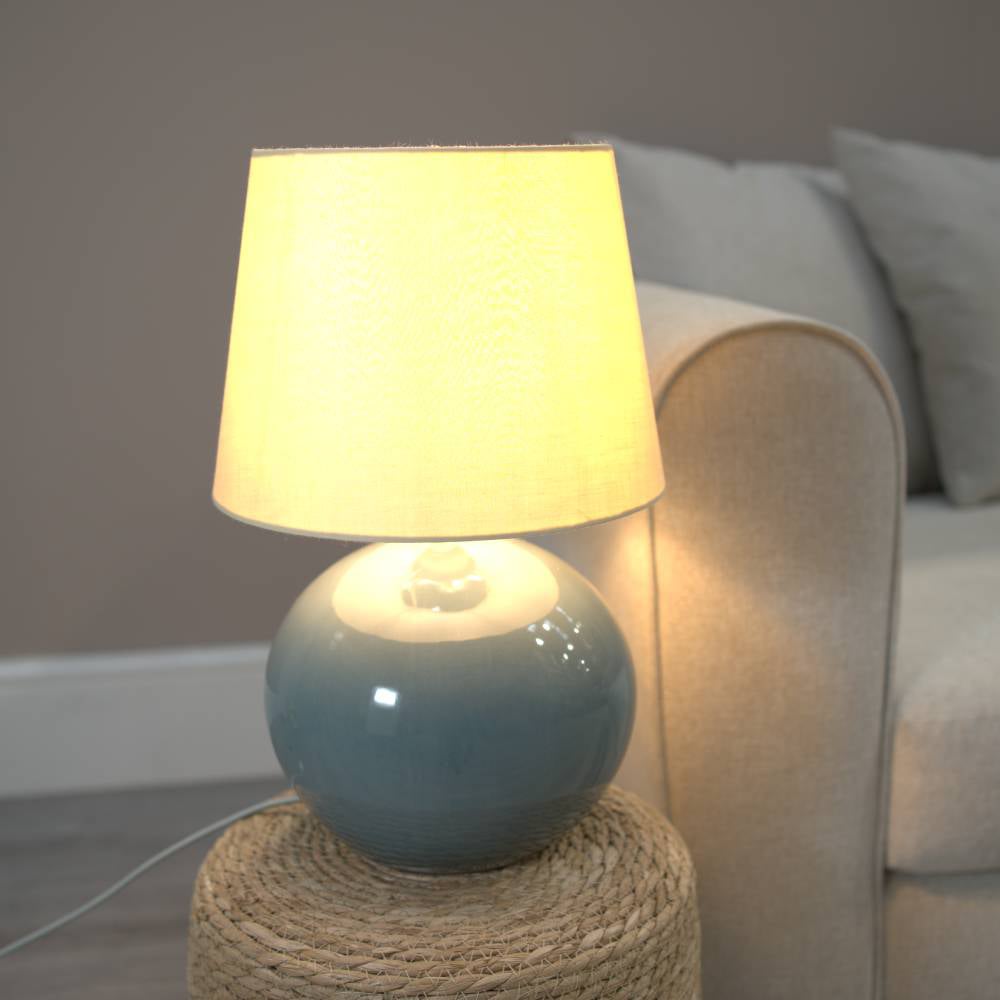 ValueLights Bosco Eucalyptus Teal Beige Fabric Tapered Shade Ceramic LED Table Lamp Image 2