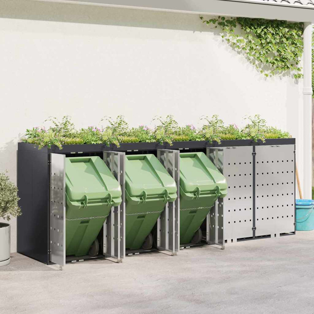 vidaXL Anthracite 5 Wheelie Bin Storage Shed with Stainless Steel Door and Planter Roof Image 2