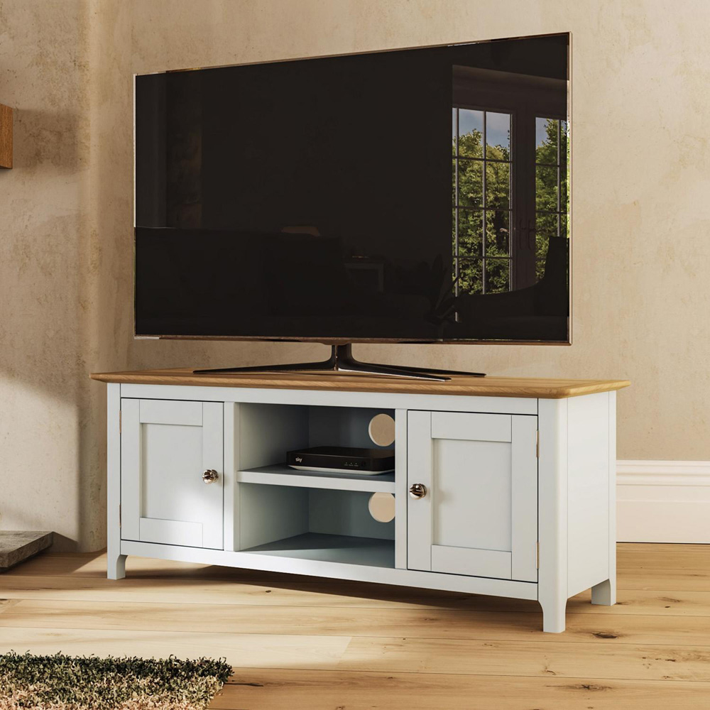 FWStyle Taberno 2 Door 2 Shelf White Linen and Oak Wide TV Unit Image 8