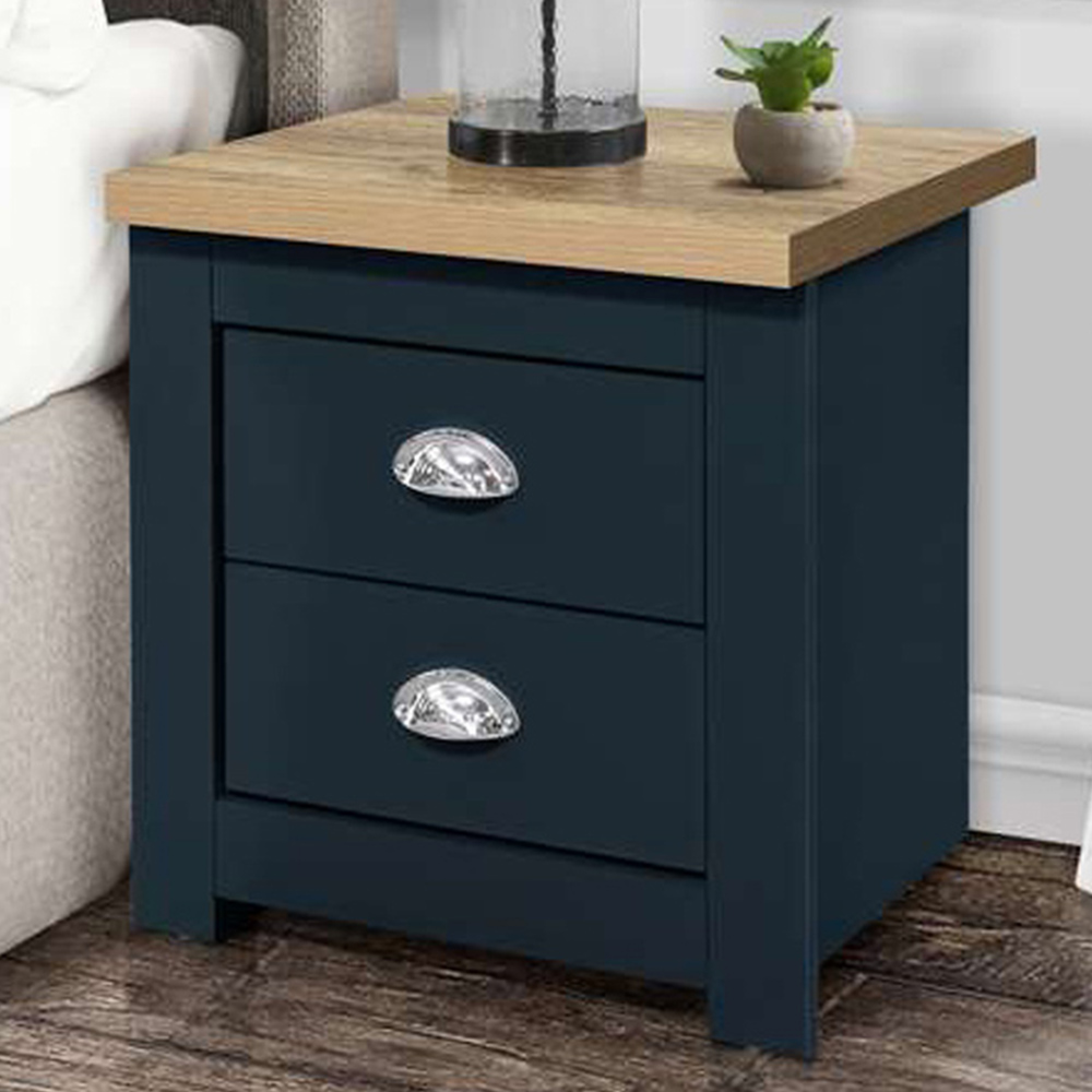 Highgate 2 Drawer Navy and Oak Bedside Table Image 1