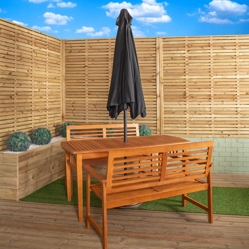 Samuel Alexander 4 Seater Wooden Rectangular Dining Bench Set with Black Havana Parasol and Base Image 9