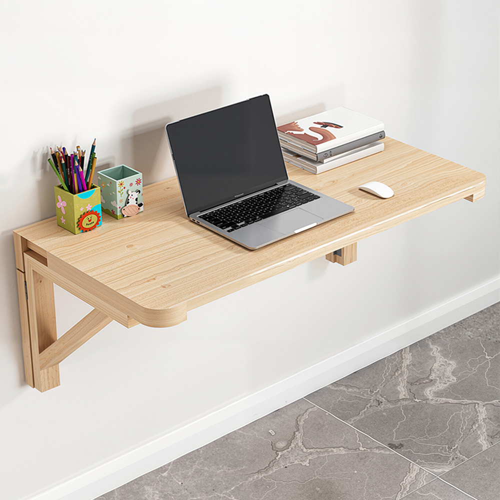 Living and Home Natural Wall Mounted Folding Table with Wooden Brackets 50 x 30cm Image 1