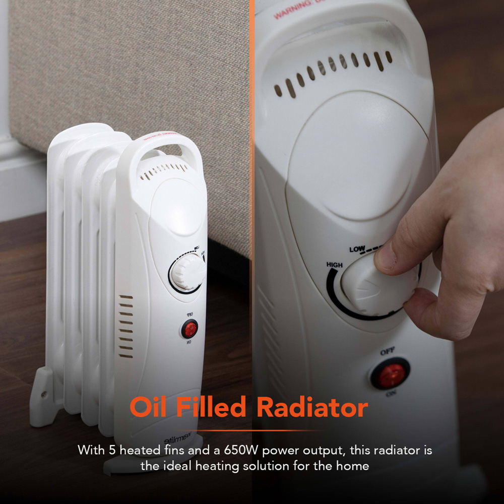 Warmlite 5 Fin White Oil Filled Radiator with Adjustable Thermostat 650W Image 3