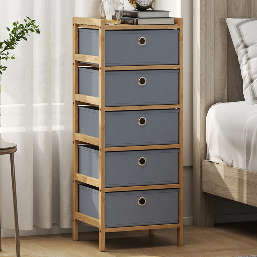 Portland 5 Fabric Drawer Light Grey Bamboo Frame Chest of Drawers Image 1