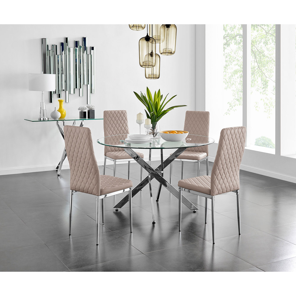 Furniturebox Arona Valera Glass 4 Seater Round Dining Set Chrome and Cappuccino Image 9