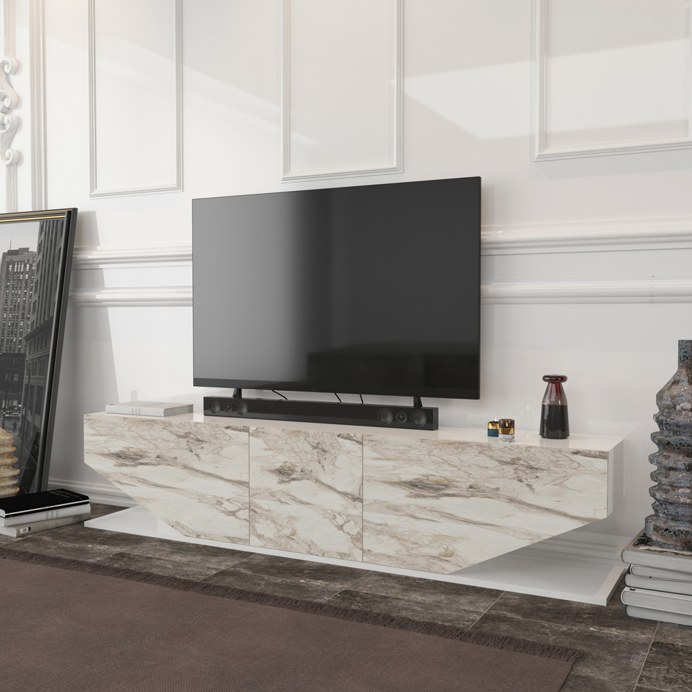 Decorotika Pearl 3 Door 2 Shelf White and White Marble Effect Modern TV Unit Image 6