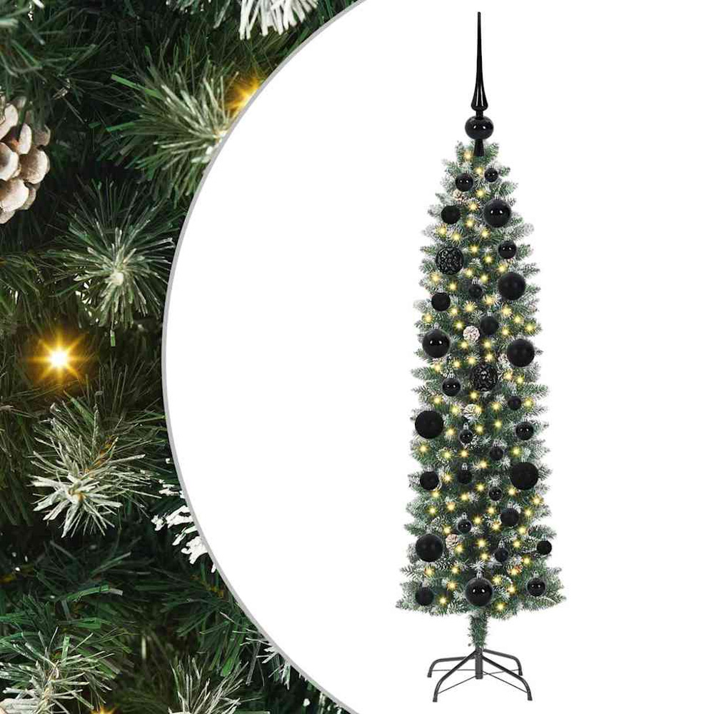 vidaXL Pre-Lit Warm White LED and Black Baubles Green Slim Artificial Christmas Tree 4ft Image 7