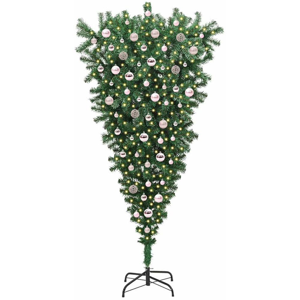 vidaXL Pre-Lit Pink Bauble Green Artificial Upside-Down Christmas Tree 7ft Image 1